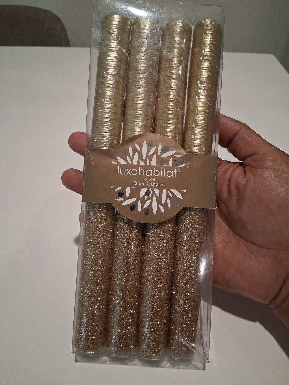 NEW Luxe Habitat Gold Glitter Taper Candles 4 Pack Elegant Holiday Table Decor